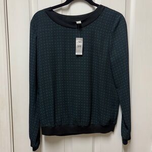 LOFT Black & Teal Geometric Print Top Blouse Lightweight Size Small